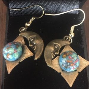 Vintage Blue Murano Glass & Moon Earrings
